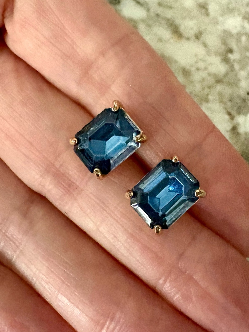Gold Tone Stud Earrings with Dark Blue Stones
